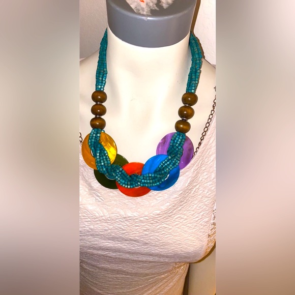 🌺🌸🌼Collar Necklace & Clip Blue Twisted Wood Bead Abalone Disc - Picture 1 of 6